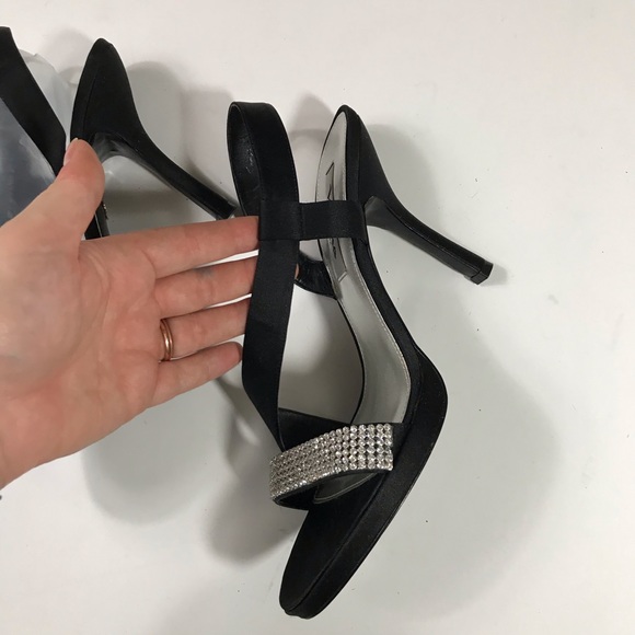 Nina Black Satin + Rhinestone Strappy High Heels - Picture 3 of 13